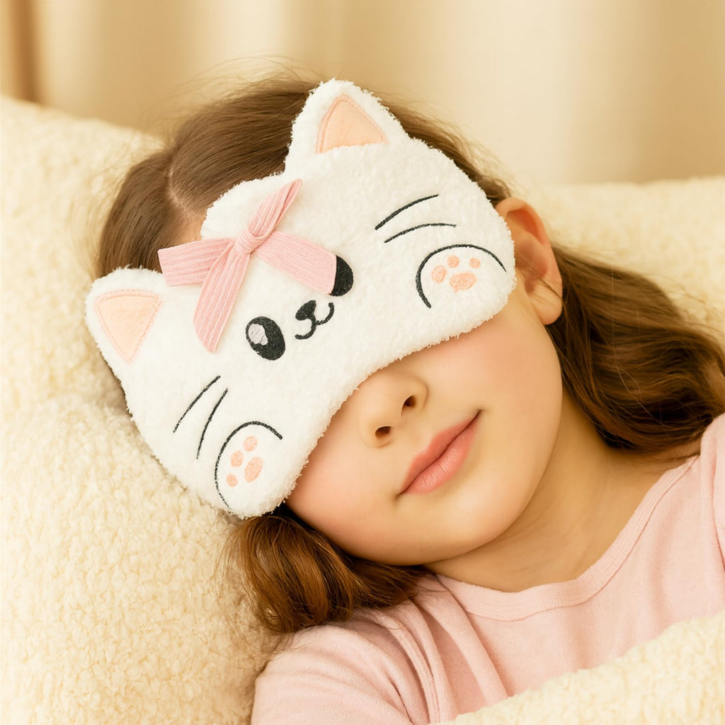 WHUMIES Kawaii Cat Sleep Eye Mask with Hot & Cold Gel Pad | Soft Plush Light-Blocking Eye Cover for Men, Women & Kids | Cooling & Heating Relief for Puffy Eyes, Relaxation & Travel Naps (White Cat)