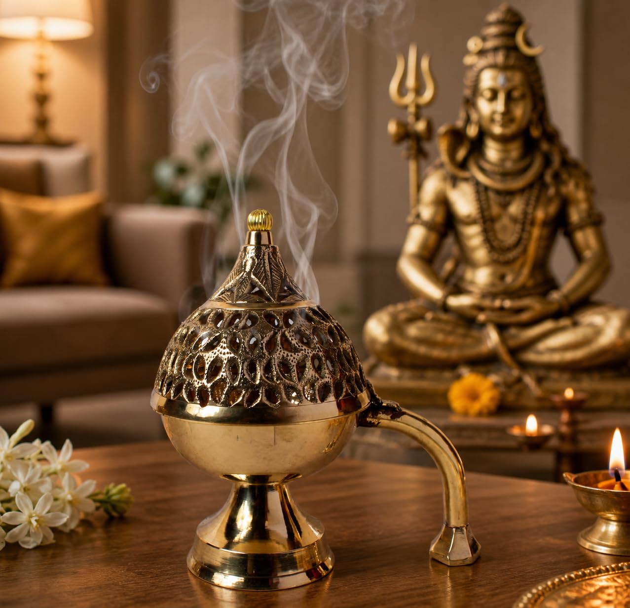 Artvarko™ Brass Incense Loban Dani Holder Dhuna Charkol Dhoop Dani Aarti Loban Burner Purifying with Handle Big Size (7x4.5x7 Inch)