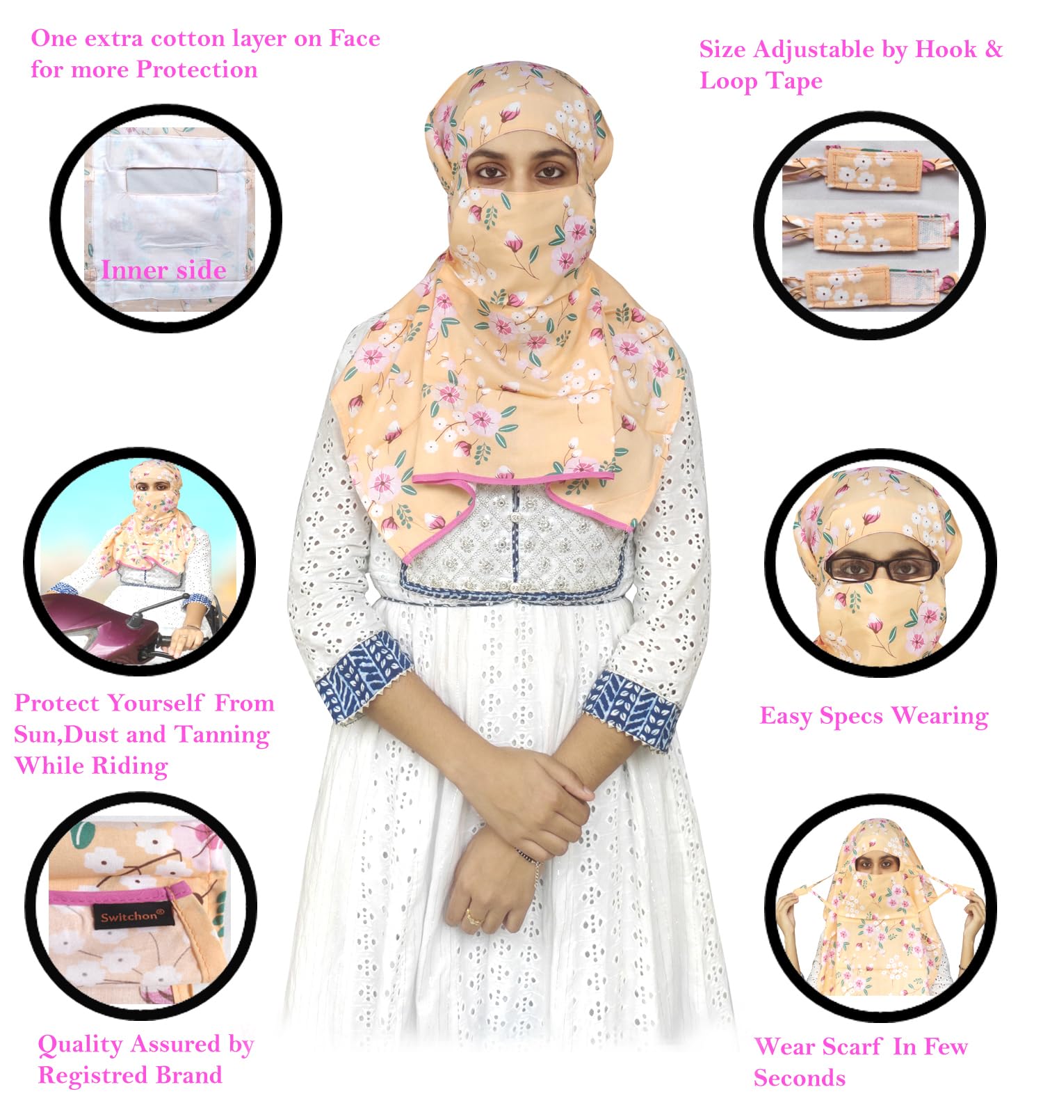 Switchon Rayon Mill dye Innovative scarf Hijab for Women with closer Hook and Loop Tape size adjustable -Scoty Scarf (Peach)