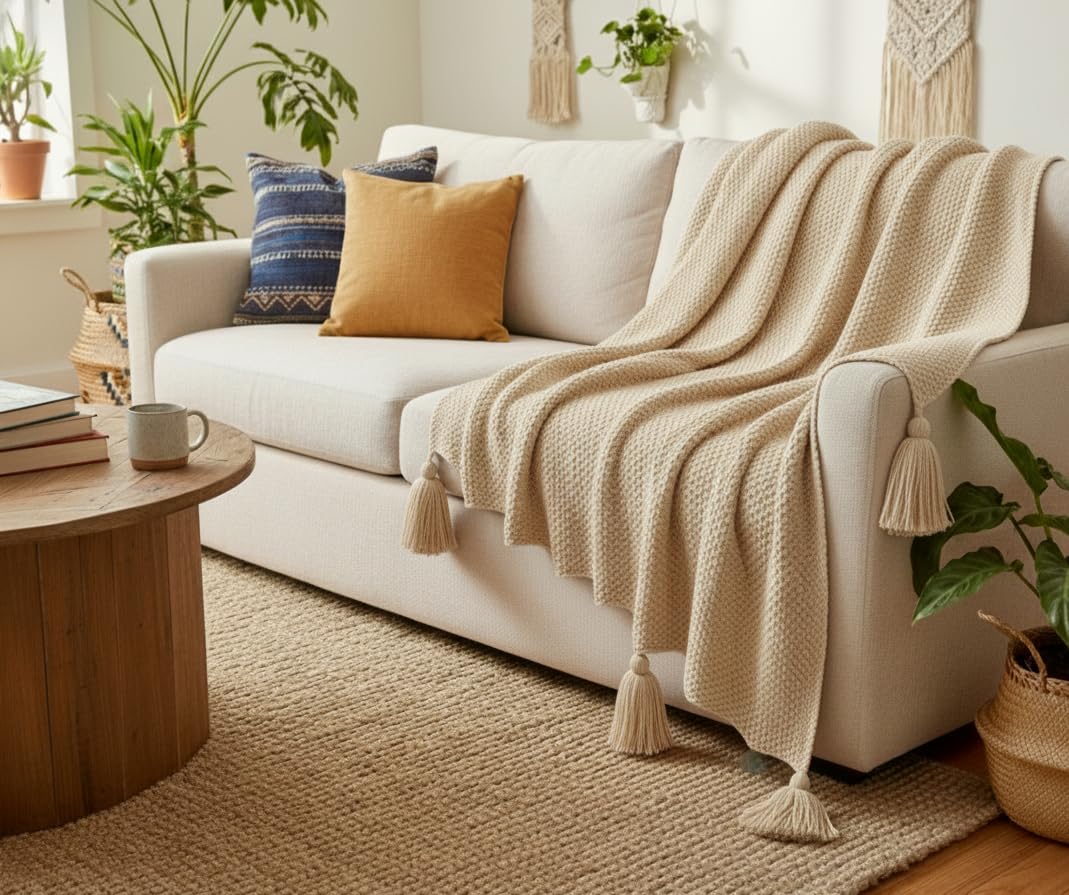 Furnistitchs Plain Solid Knitted Sofa Throw Blanket 50x60 inches / 125x150 cms| Cotton Plain Knit with Tassels | Aesthetic Bohemian Decorative Couch Throws for Living Room & Bedroom (Natural) Kafalo