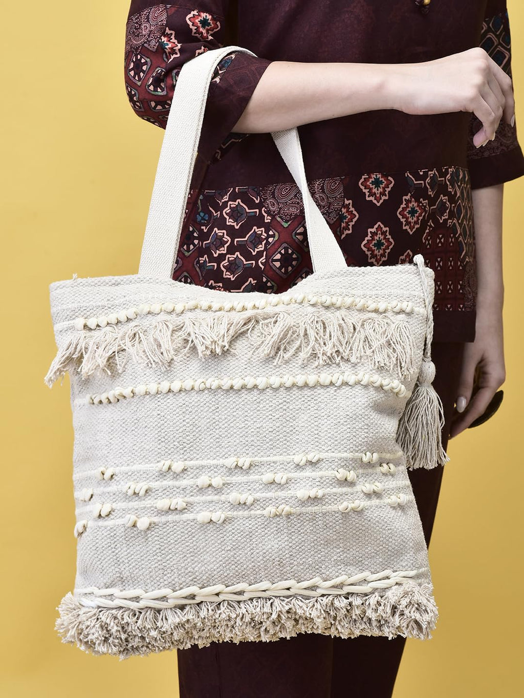 LoomEarth Handcrafted Boho Cotton Tote Bag with Tassels and Pom Poms, 38x38x25 cm, Cream White, Beach Shopping Shoulder Bag