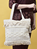 LoomEarth Handcrafted Boho Cotton Tote Bag with Tassels and Pom Poms, 38x38x25 cm, Cream White, Beach Shopping Shoulder Bag