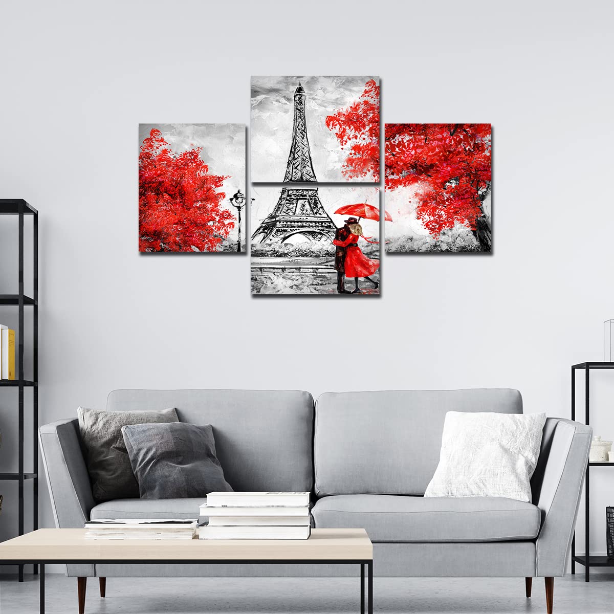 VIBECRAFTS Beautiful Couple Under An Umbrella On Eiffel Tower Street 4 Pieces Canvas Wall Painting Fitted With Wooden Frame For Home | Office | Living Room | Gifts (PTVC4Pcs4_16502)