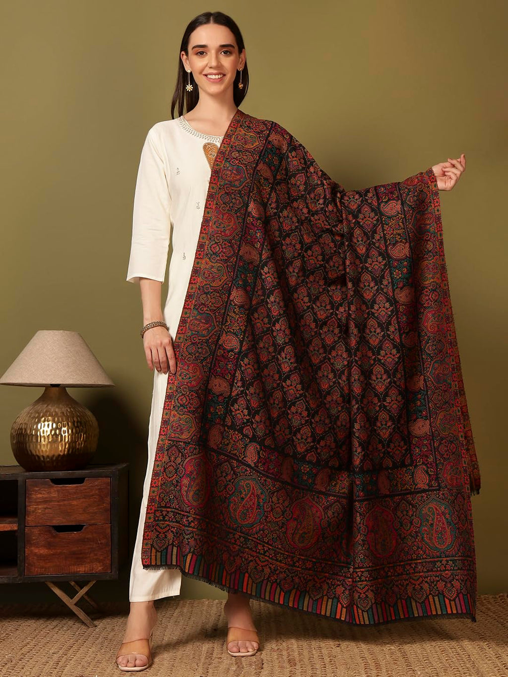 Pashmoda Women Gulraiz Kaani Wool Blend Kashmiri Shawl (Size: 40x80in, 101x203cm) RSS43
