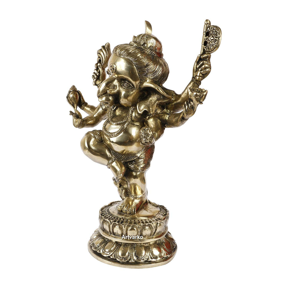 Artvarko 15 Inch Big Brass Dancing Ganesha Idol Six Arms Moon on Ganesha Head Puja Sculpture Home Office Gifts Decor