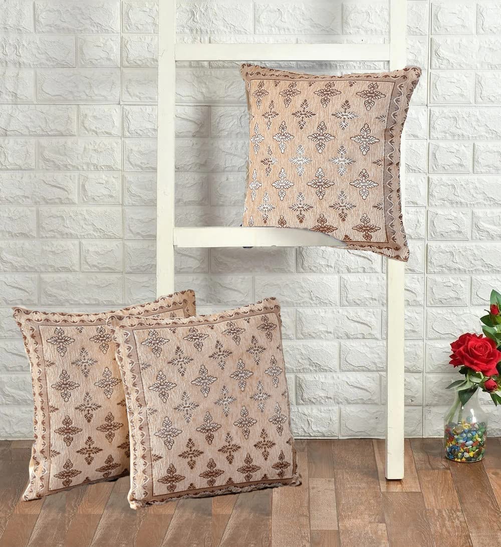 DECOMIZER Jacquard Geomteric Cushion Covers 16 inch x 16 inch Set of 3 Ethnic Motifs Cushion Covers,Design- Plus,Color- Beige