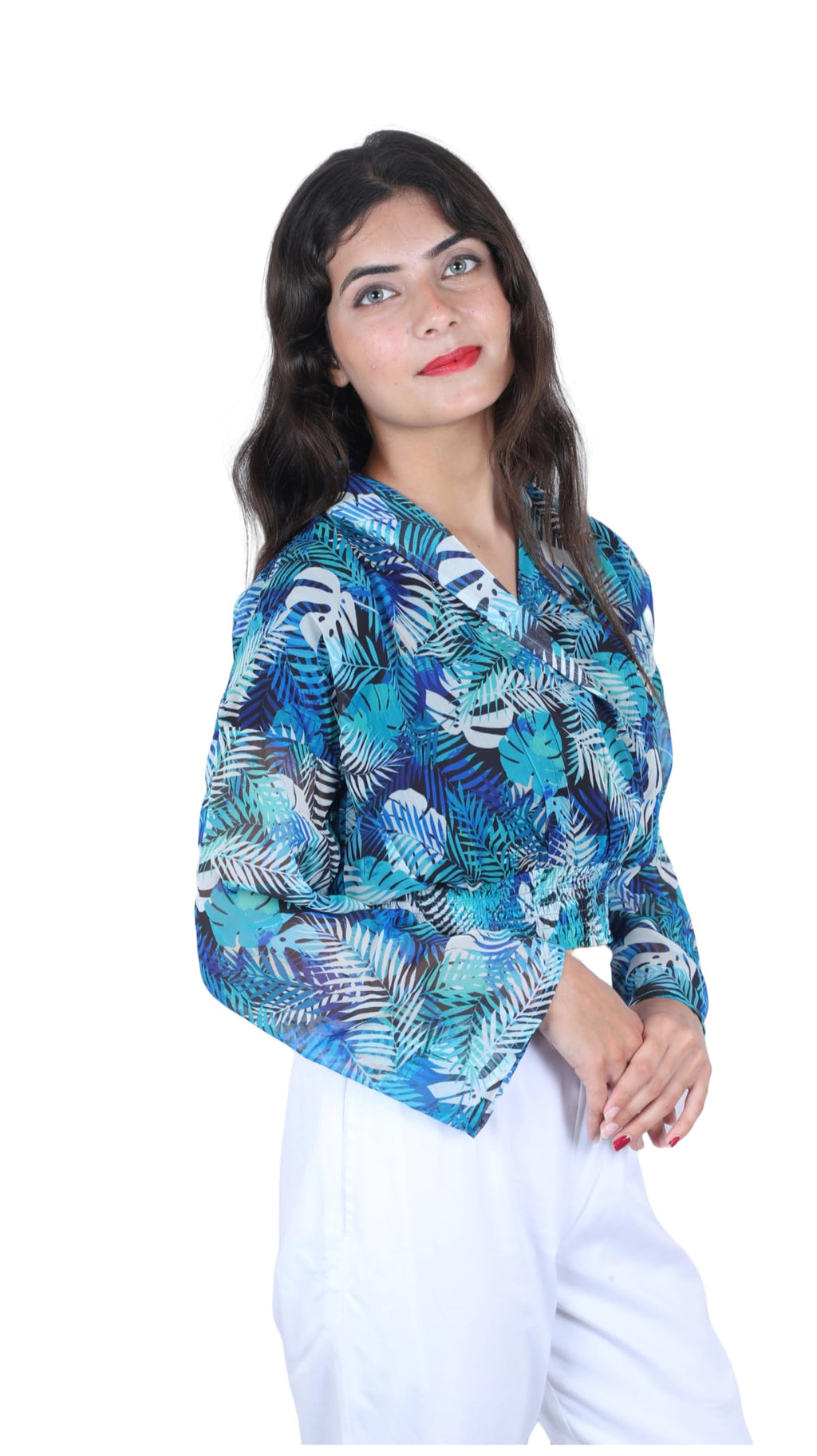 Slique Apparels Women Tropical Print Shawl Collar Crop Top (SLT-2301_Blue)