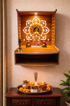 PIXELCRAFTS Wooden Temple Puja Mandir Art and Crafts Temple for Home, Shop, Office with LED SPOT Light (Size – H 15.5X L 11.5 x W 11 inch) (COACHWOODFLOWER)