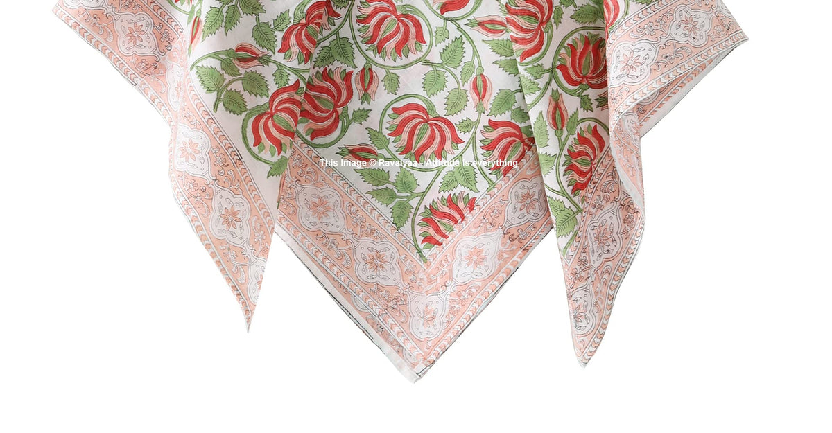 Ravaiyaa - Attitude is everything Sanganer Hand Block Printed Scarves Pure Cotton Scarf Square Hijab Dupatta 40 X 40 Inch (Red Green Lotus Floral) For Female