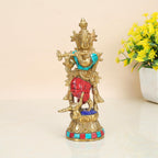 ARTVARKO Brass Krishna Idol Murti Murli Manohar Kamha Statue with Peacock Religious Gift Item Home Décor Multicolor Height 7 Inch