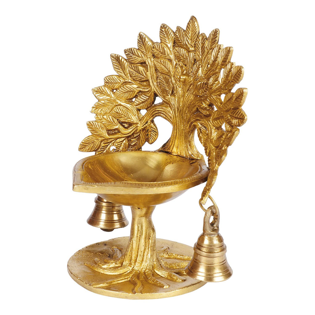 Artvarko Brass Kalpavriksha Tree Diya Oil Lamp with Bells Tree of Life Home Office Temple Decor Gift (5.5x4.5x7 Inch)