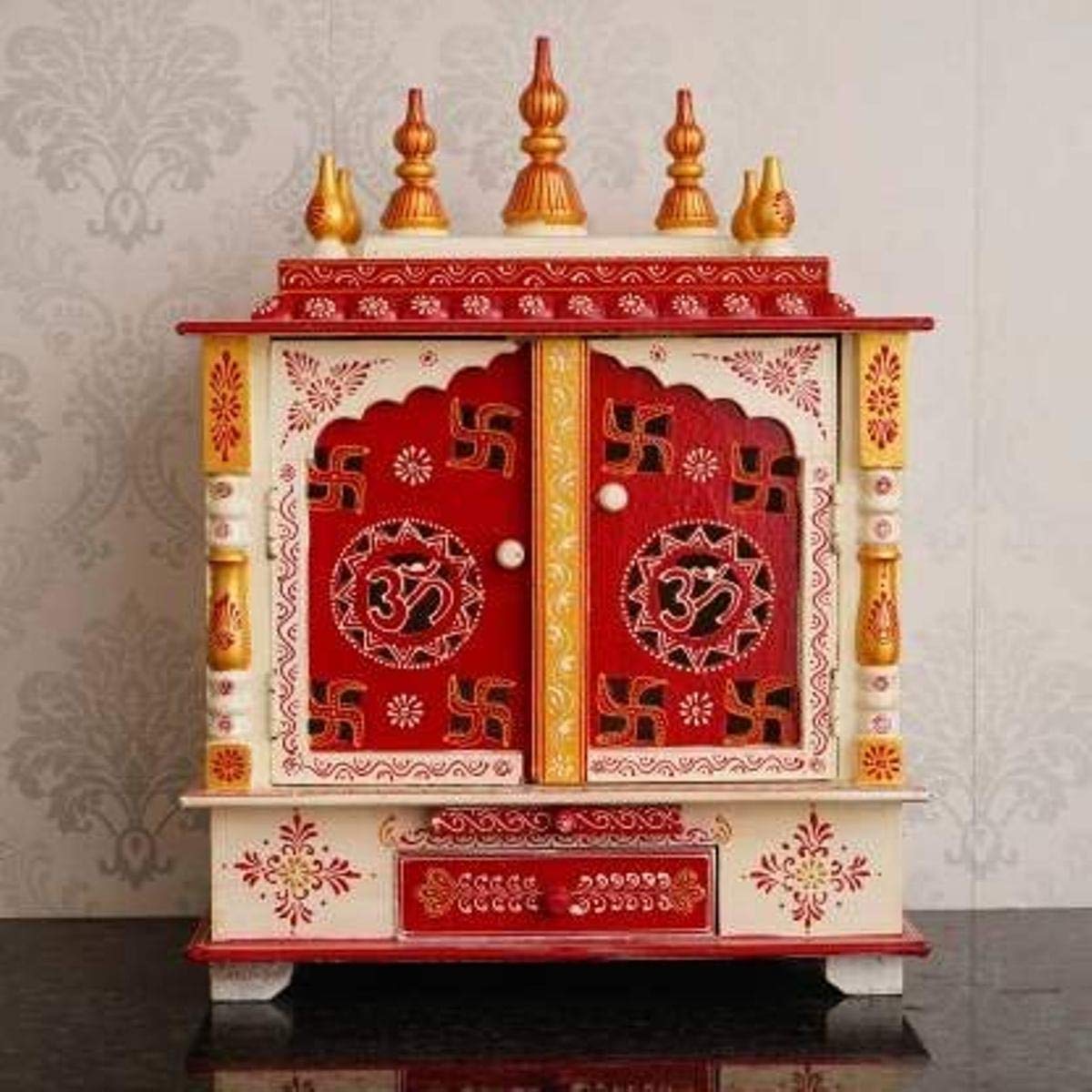 Kamdhenu Art and Craft Wooden Temple/Home Temple/Pooja Mandir/Pooja Mandap/Temple for Home (Om Door), 24 Inches, 12 Centimeters