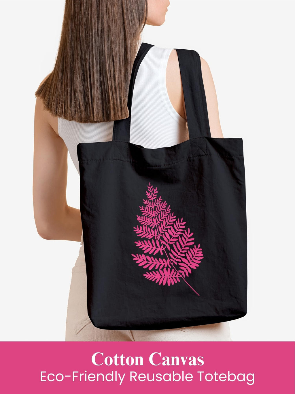 DOODLE Womens Eco-Friendly Reusable Cotton Canvas Tote Bag With Outer & Inner Zip Pocket |Travel, Shopping, College & Office Bag (Pink Fern)