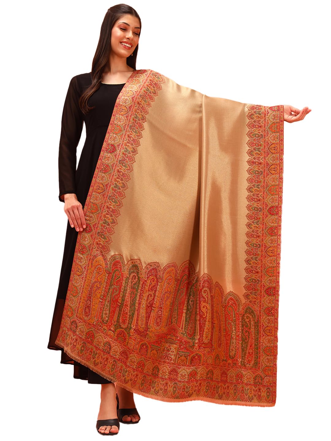 Pashmoda Women Zarvash Fine Wool Kaani Shawl, Authentic Kashmiri Luxury Pashmina Style Shawl, Stole, Medium Gents Lohi, Size (40x80 Inches, Beige Color) MZSS06