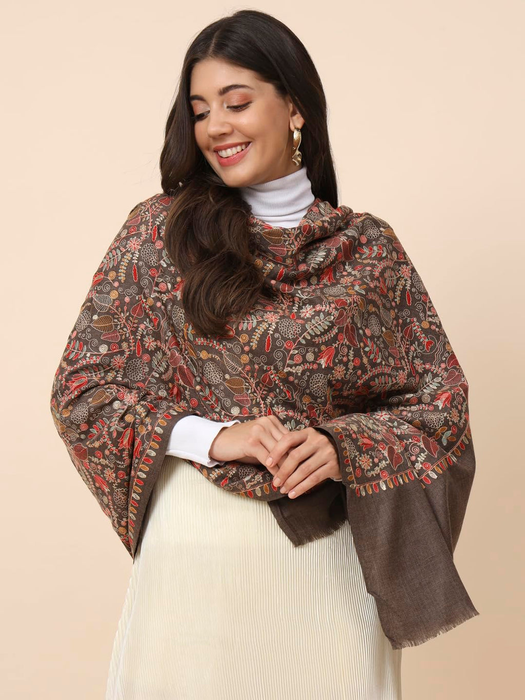 Pashmoda Women Gilkaari Pure Wool Embroidered Shawl (Size 101X203 CM)