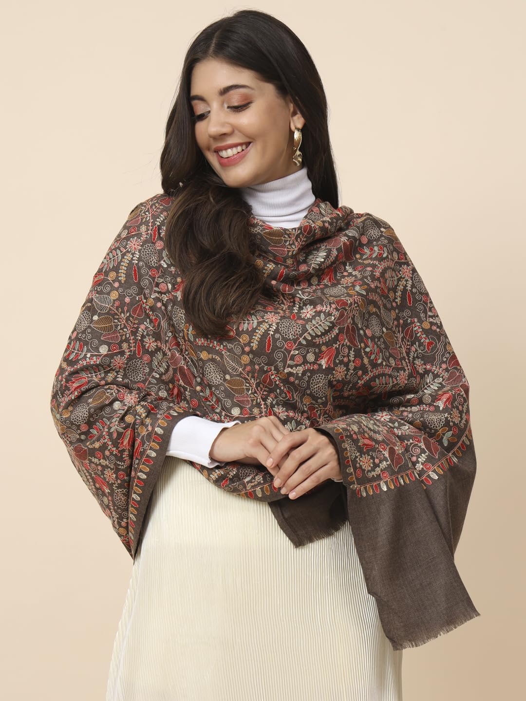 Pashmoda Women Gilkaari Pure Wool Embroidered Shawl (Size 101X203 CM)