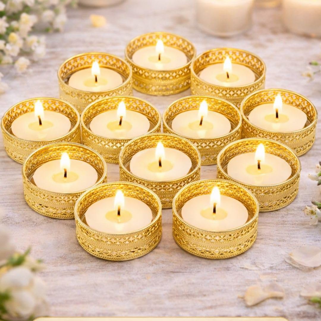 SATYAM KRAFT 12 Pcs Metal Tealight Candle Holders Golden Round Decorative Diya Stand for Pooja Thali Home & Office Decor | Ideal for Gifting Wedding New Year Festivals & Events Craft uses