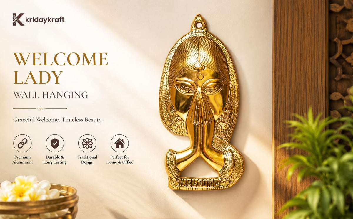 KridayKraft Aluminium Welcome Namaste Lady Door Metal Wall Hanging Decorative Showpiece for Home Wall Decor, House Warming Gift