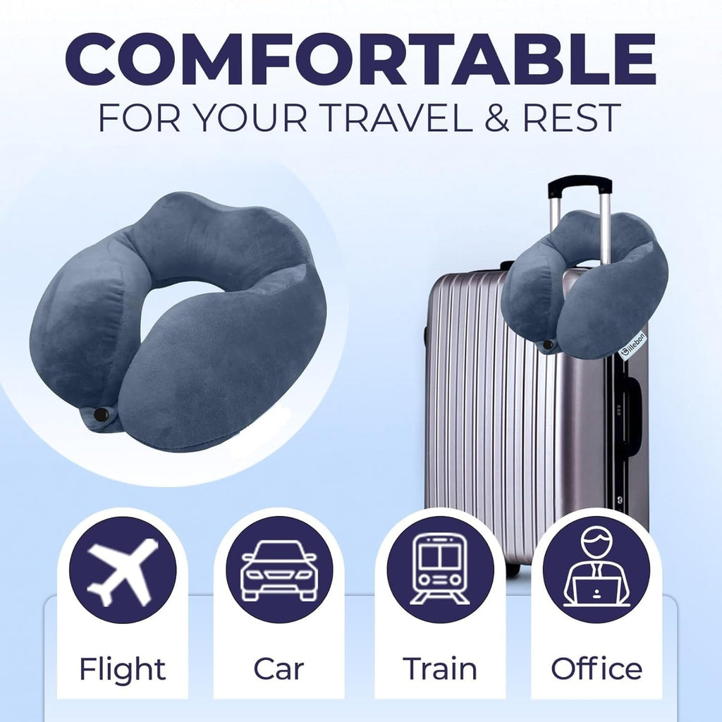 STUFFIVA Travel Neck Pillow and Eye Mask Set - Contoured Orthopedic U-Shaped Support Cushion with Front Snap, Hanging Loop, and Matching Blindfold for Airplane, Car, and Office Sleep, Black