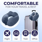 STUFFIVA Travel Neck Pillow and Eye Mask Set - Contoured Orthopedic U-Shaped Support Cushion with Front Snap, Hanging Loop, and Matching Blindfold for Airplane, Car, and Office Sleep, Black