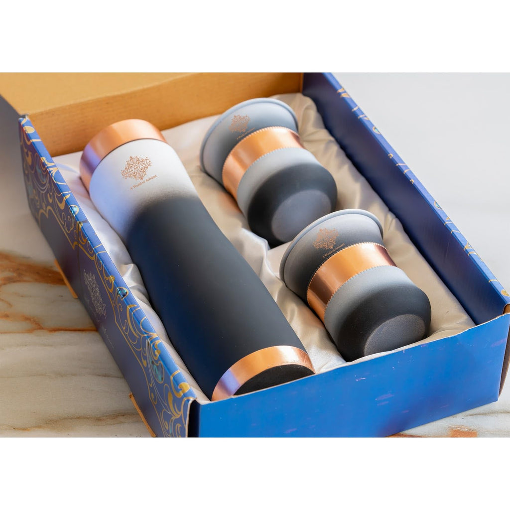 INDIAN ART VILLA Copper Bottle & Glass Gift Set - 950 ml Water Bottle & 2 Glasses (300 ml Each) - Pure Copper with Black & White Ombre Silk Finish, Perfect for Gifting & Everyday Use
