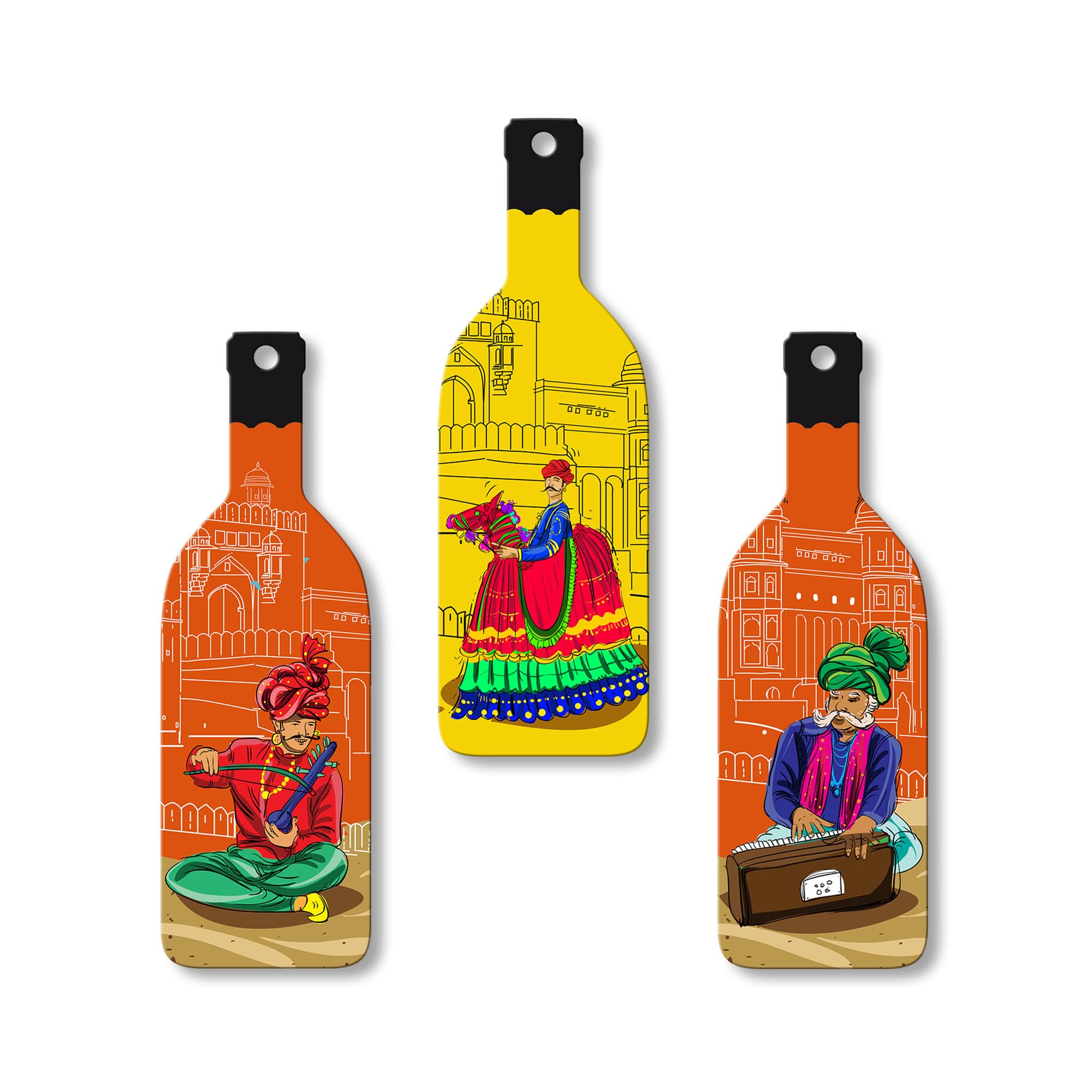 Artvibes Rajashtani Music Culture Decor Bottle shaped Wooden Wall Hanging | Wall Sculpture | Signs & Plaques | Handcrafted Art | Artwork | Aesthetic Wooden Decor | Unique Gift (WH_9513N), Set of 3