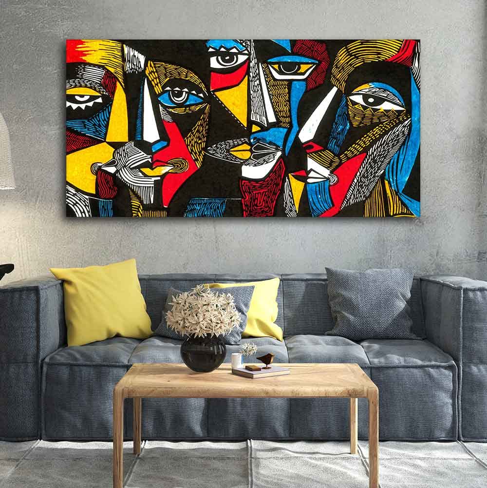VIBECRAFTS Canvas Paintings for Living Room Drawing Room Colorful Abstract Faces Canvas Wall Painting Fitted With Wooden Frame for Home | Office | Gift (PTVCH_2403)