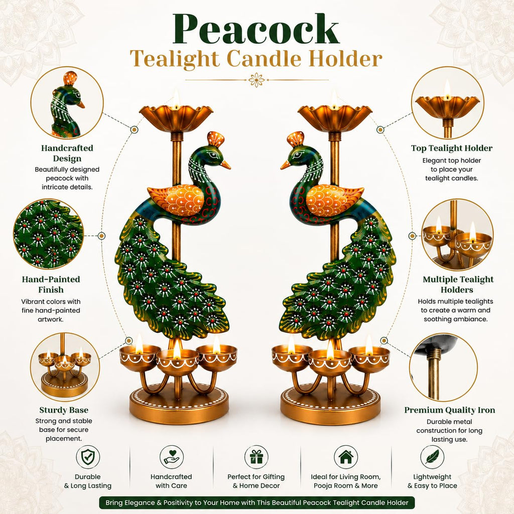 Pranjals House Peacock Tealight Candle Holder, 12 inch, Set of 2
