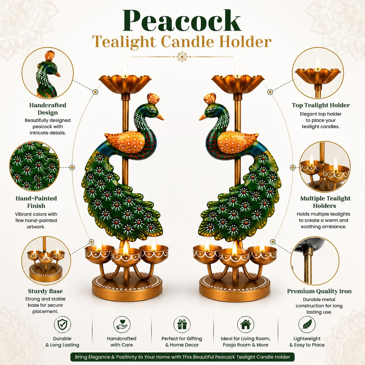 Pranjals House Peacock Tealight Candle Holder, 12 inch, Set of 2