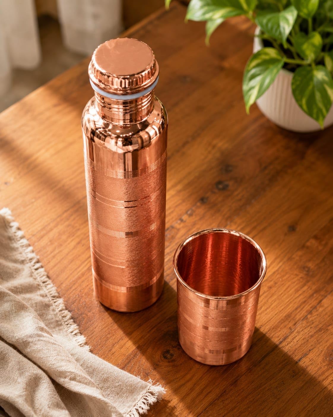 Pure Copper Water Bottle 1000ml with Copper Glass Combo Set