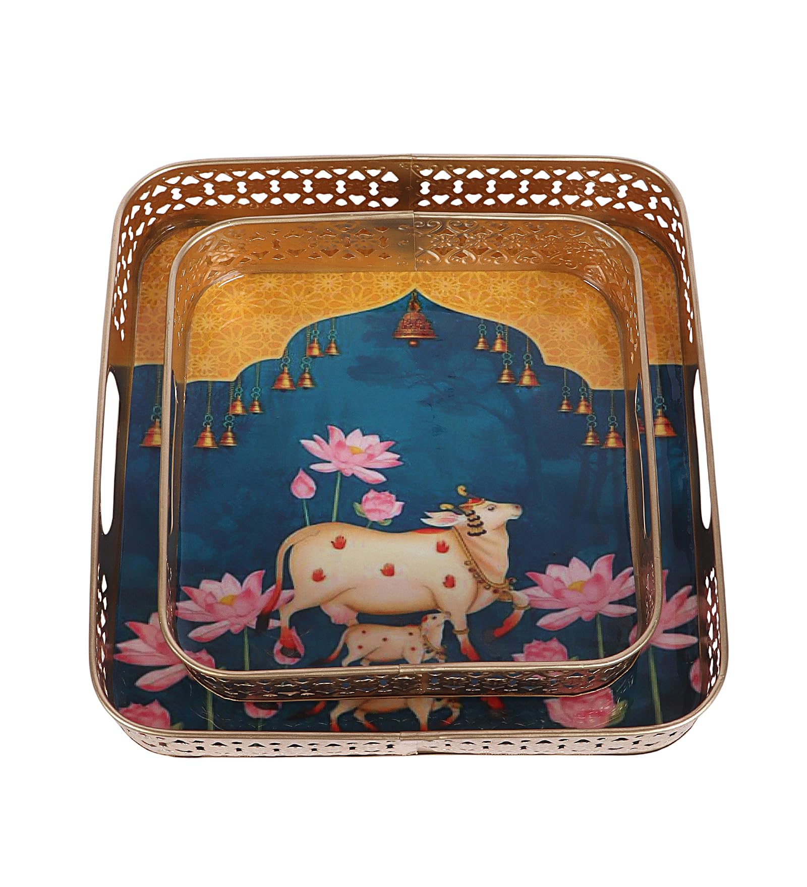 Two Moustaches Metal Square Shaped Cow with Calf Design Serving Tray Set (8 Inches & 10 Inches),Serving Plates for Home,Platters for Tea/Fruits/Snacks,Decorative Pichwai Tray,Multicolored,Pack of 2
