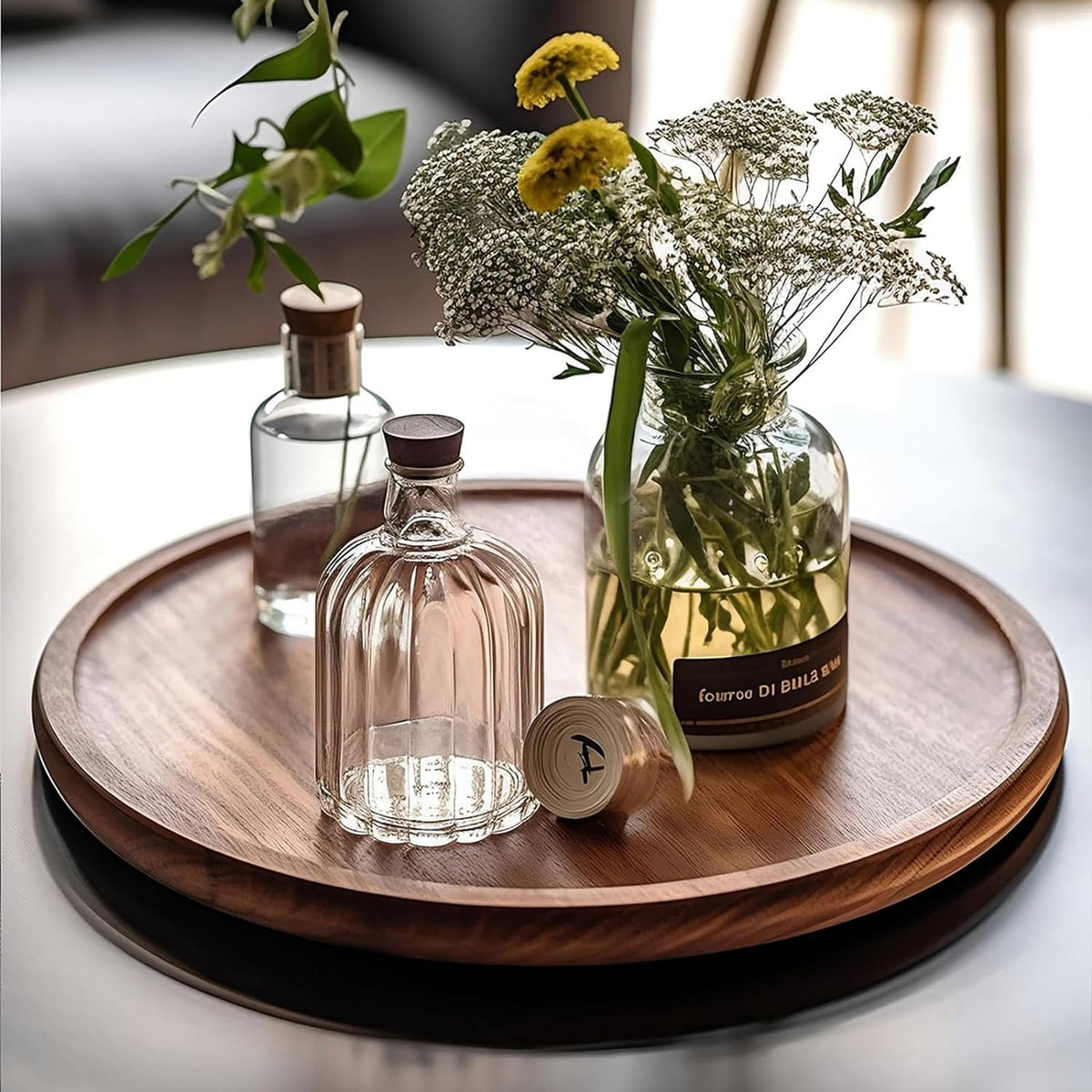 FLIPSSHOPPEE Round Decorative Tray Rustic Wooden Coffee Table Trays Home Decor Farmhouse Centerpiece Serving Trays for Food Drinks Ottoman Kitchen Countertop Set of 1