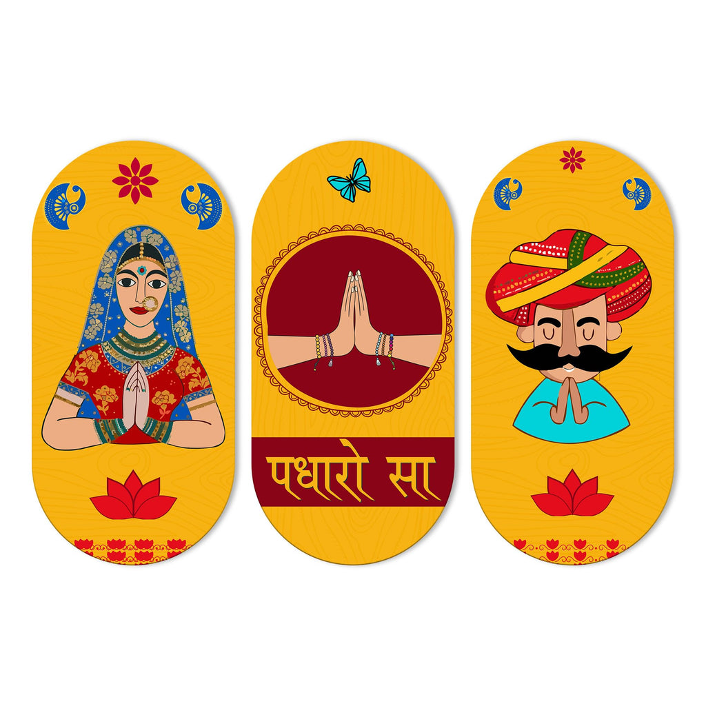 Artvibes Padharo Sa Rajasthani Art Wooden Wall Hanger for Home | Office | Living Room | Gift | Modern Decoration Items | Kitchen Wall Decor | Artworks (WH_9023N), Set of 3