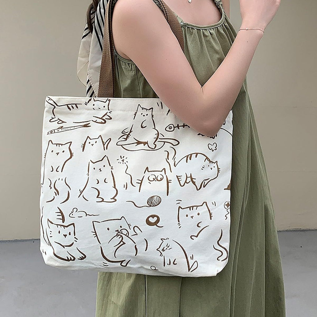 wolpin Women Shopping Grocery Tote Bag Beige | Reusable Cotton Shoulder Handbag with Pocket | Zipper Closure Travel Carry Bag Multipurpose | Funny Cat Printed Classic Tote