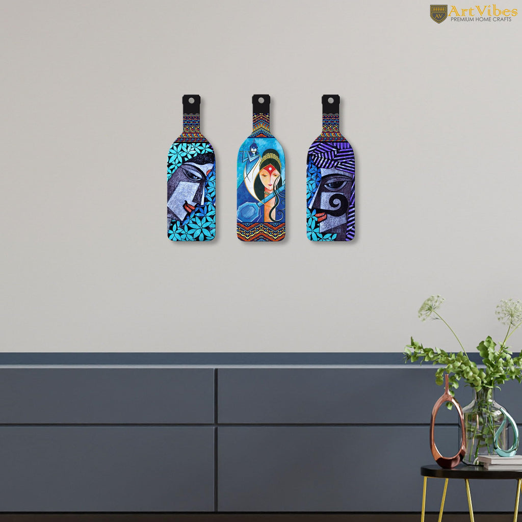Artvibes Abstract Art Radha Krishna Decor Bottle Shaped Wooden Wall Hanging | Spiritual Decor Items | Wall Art Paintings | Wall Poster| Stylish Modern Artwork | Gift Items (WH_9504N), Set of 3