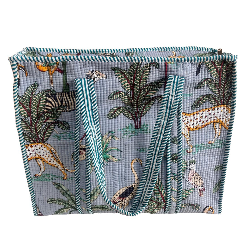 Bazaar Bhoot Edition Premium Cotton Quilted Shopping Tote Bag - Multipurpose Long Lasting Foldable Reusable Bag with zipper for Shopping, Travel & Daily Use - Made in India (Animal Print Azure Blue)