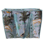Bazaar Bhoot Edition Premium Cotton Quilted Shopping Tote Bag - Multipurpose Long Lasting Foldable Reusable Bag with zipper for Shopping, Travel & Daily Use - Made in India (Animal Print Azure Blue)