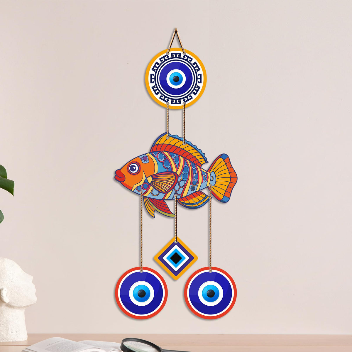 Artvibes Fish Nazar Battu Wall Hanging for Home Entrance | Evil Eye MDF Decorative Wall Art | Vastu Inspired Decor for Living Room | Office | Hallway | Lucky Charm Housewarming Gift (WH_8537N)