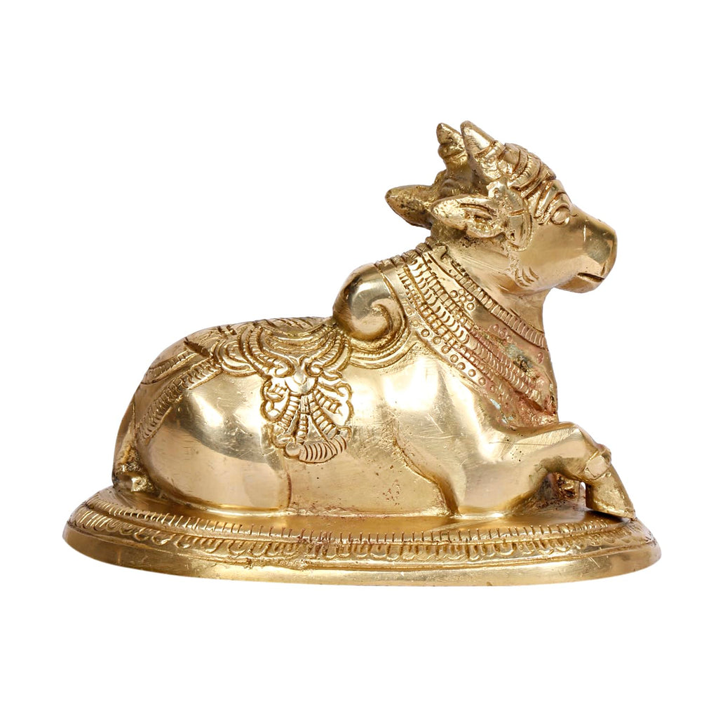 SVARUP Brass Nandi Shiv Ji Parvati Vehicle Bull Statue Idol Shiva Devotee Puja and Decor 5.5 Inches Gold Color 1 Pcs