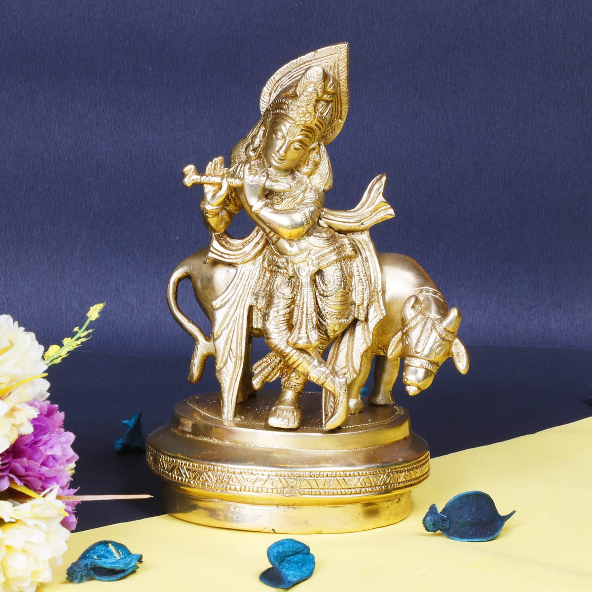 ARTVARKO Brass Lord Krishna God Murti Statue of Love Flute Playing with Cow and Peacock Home Décor Living Pooja Room Mandir Temple (LxBxH 5x4x7 Inch)