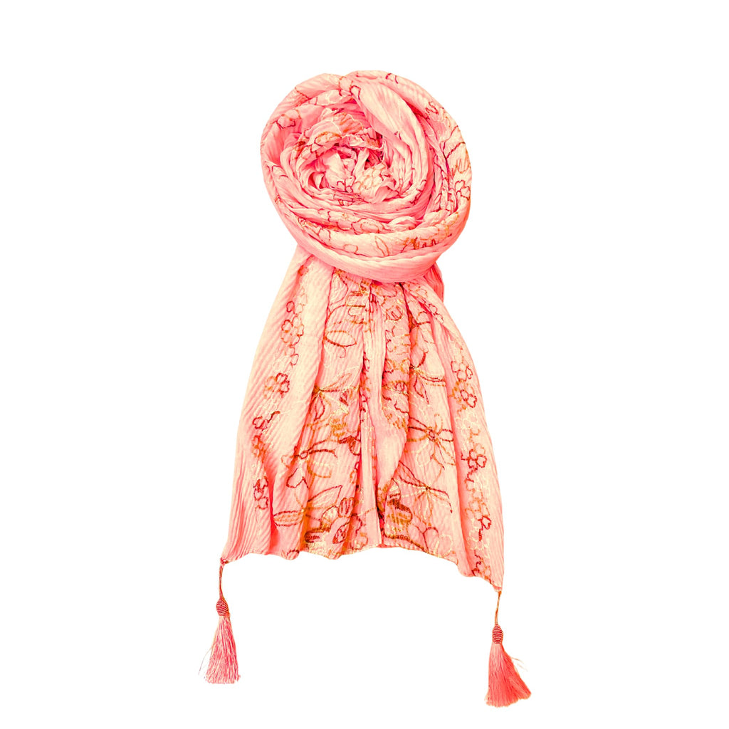FAHABO Scarf Woman Pleated Cotton Scarves with Embroidery and Tassels | Hijab Scarf | Headscarf | Neck Scarf | Stoles | Wraps (Orchid Pinkish Peach -1)