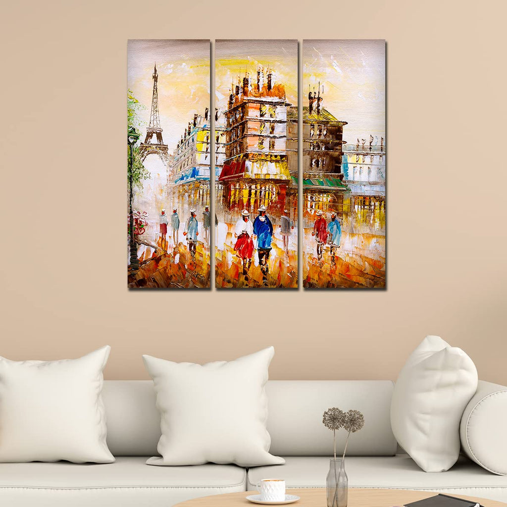 VIBECRAFTS 3 Pieces Beautiful Paris Canvas Wall Painting Fitted With Wooden Frame For Home | Office | Living Room | Gifts (PTVC3Pcs1_9527)