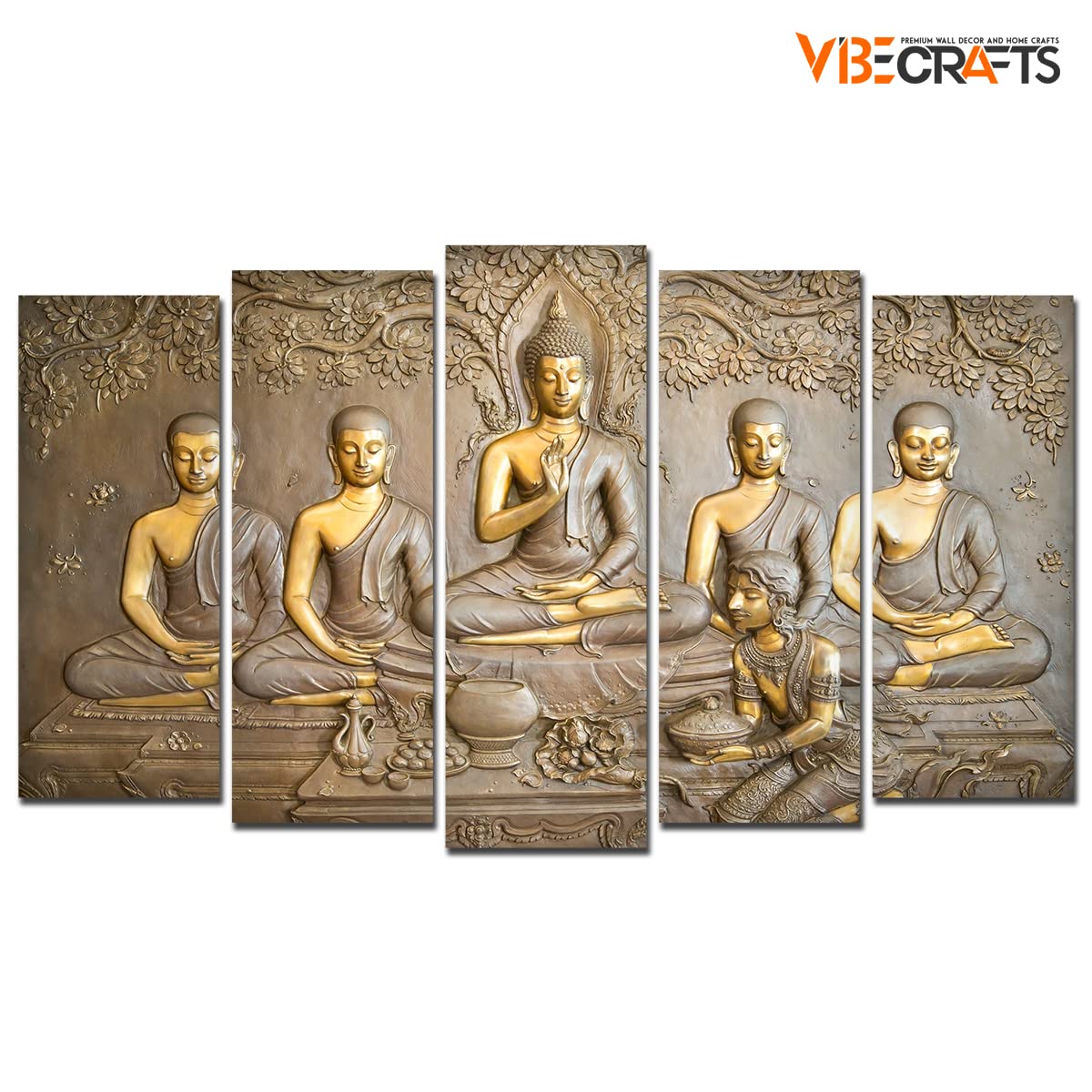 VIBECRAFTS 5 Pieces Buddha In Thailand Temple Canvas Wall Painting For Home|Office|Living Room|Gift (PTVC5Pcs2_6510)