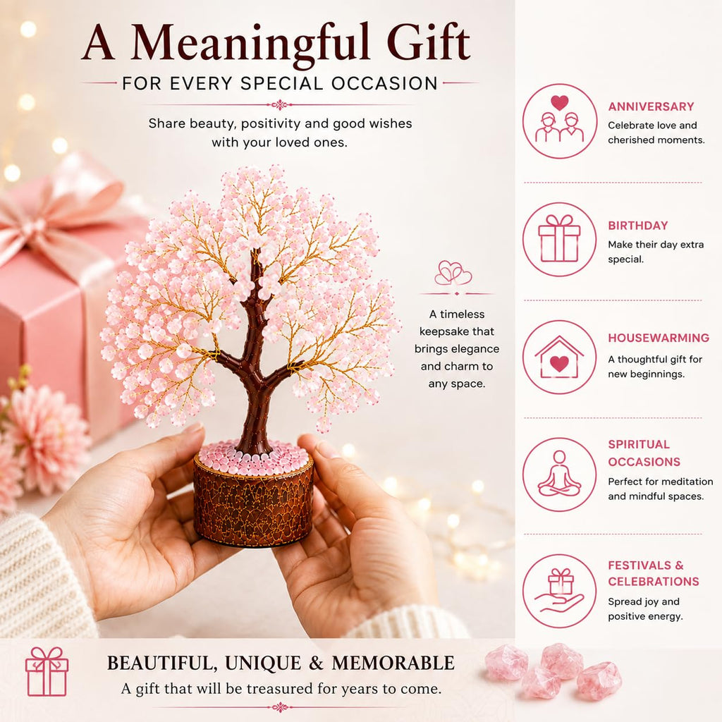 LXOMES Rose Quartz Crystal Tree, with Natural Gemstone and Golden Wire, 10