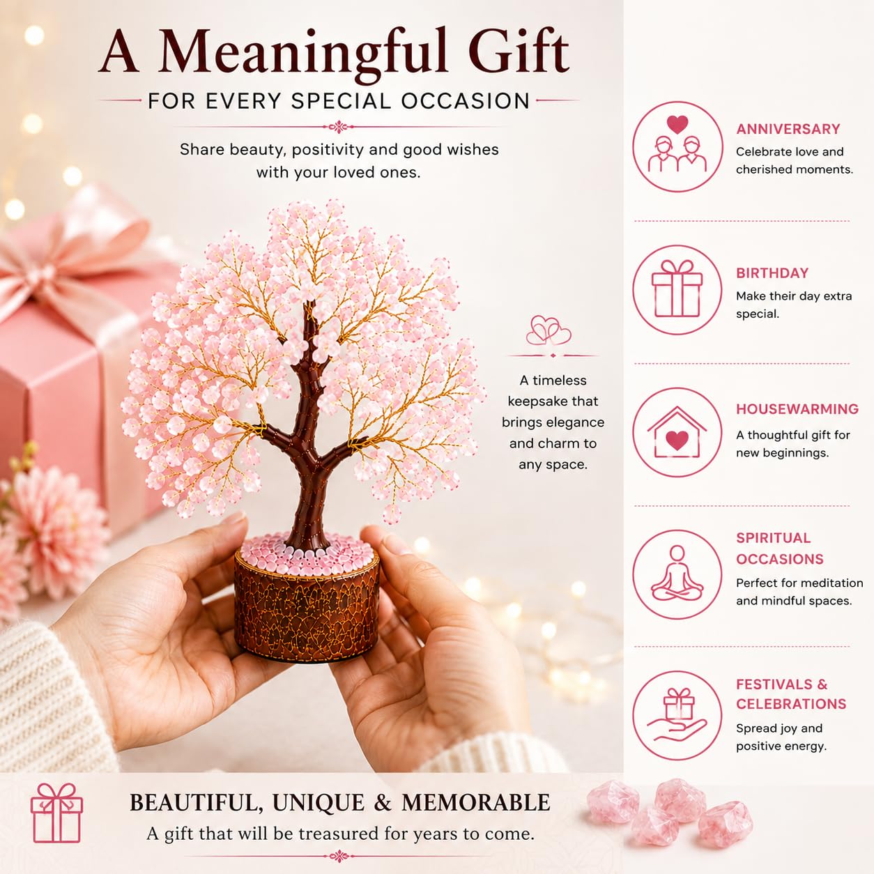 LXOMES Rose Quartz Crystal Tree, with Natural Gemstone and Golden Wire, 10