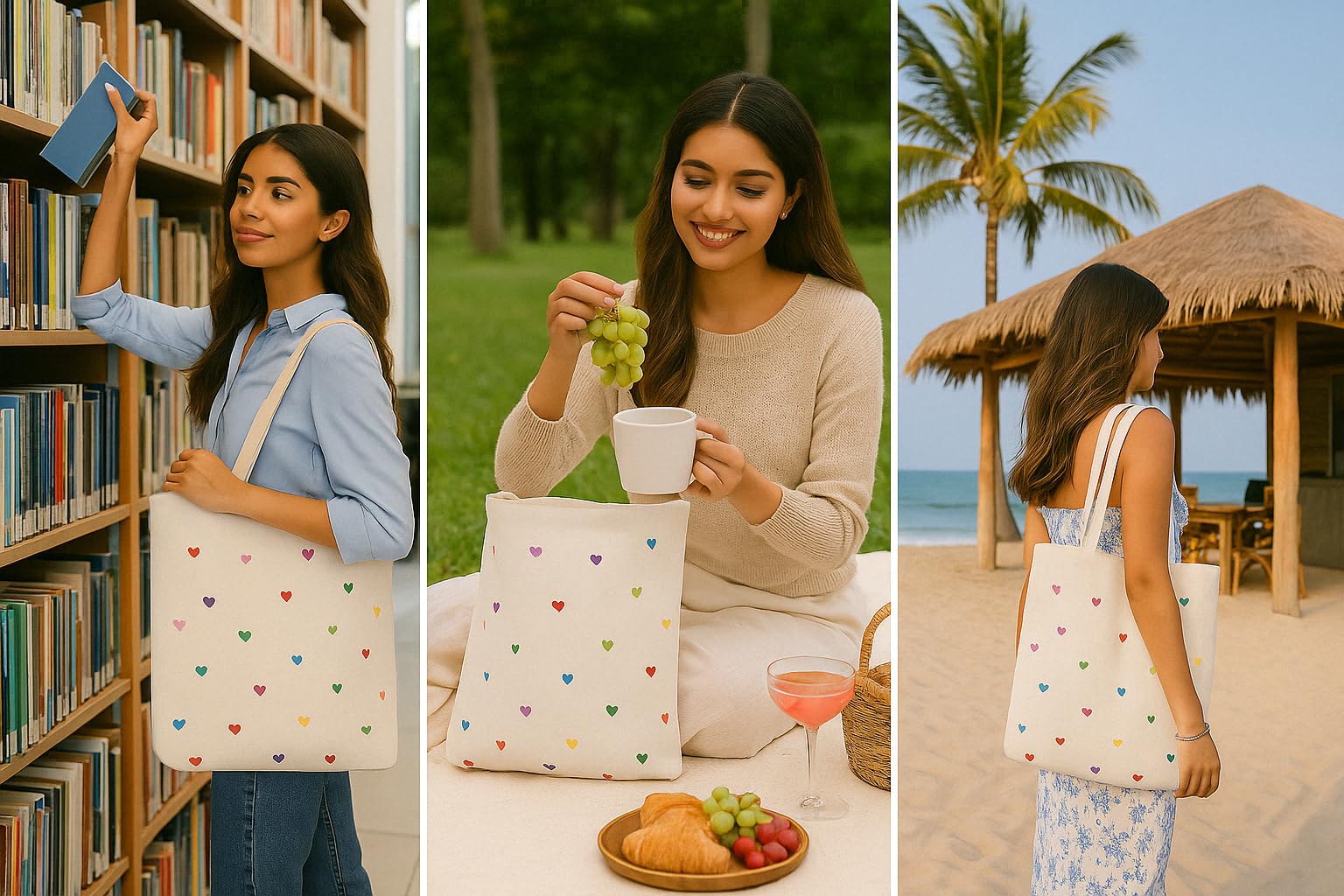 MASQ by Q-One Cute Genes Foldable Reusable Tote Bag for Women with Zip | College Bag for Girls | 100% Organic Canvas Tote for Shopping, Travel & Beach | (Heart Beige)