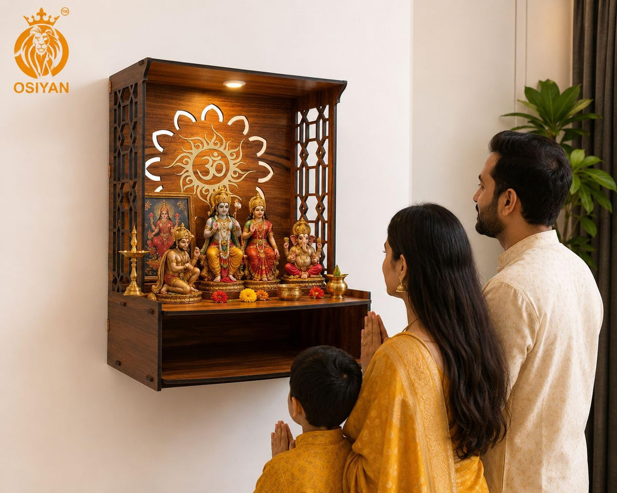 OSIYAN Wooden Temple for Home Wall Mounted with LED Light | Premium MDF Pooja Mandir for Home | Modern Decorative Mandir with Om Design & Storage Shelf | Brown Wooden Mini Temple for Home Decor