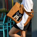 TSANTA U Shaped Canvas Tote Bag, 35.56x33.02 cm with 10.8 cm Gusset, Cotton, Zipper Closure, Laptop Compartment (Kitty)