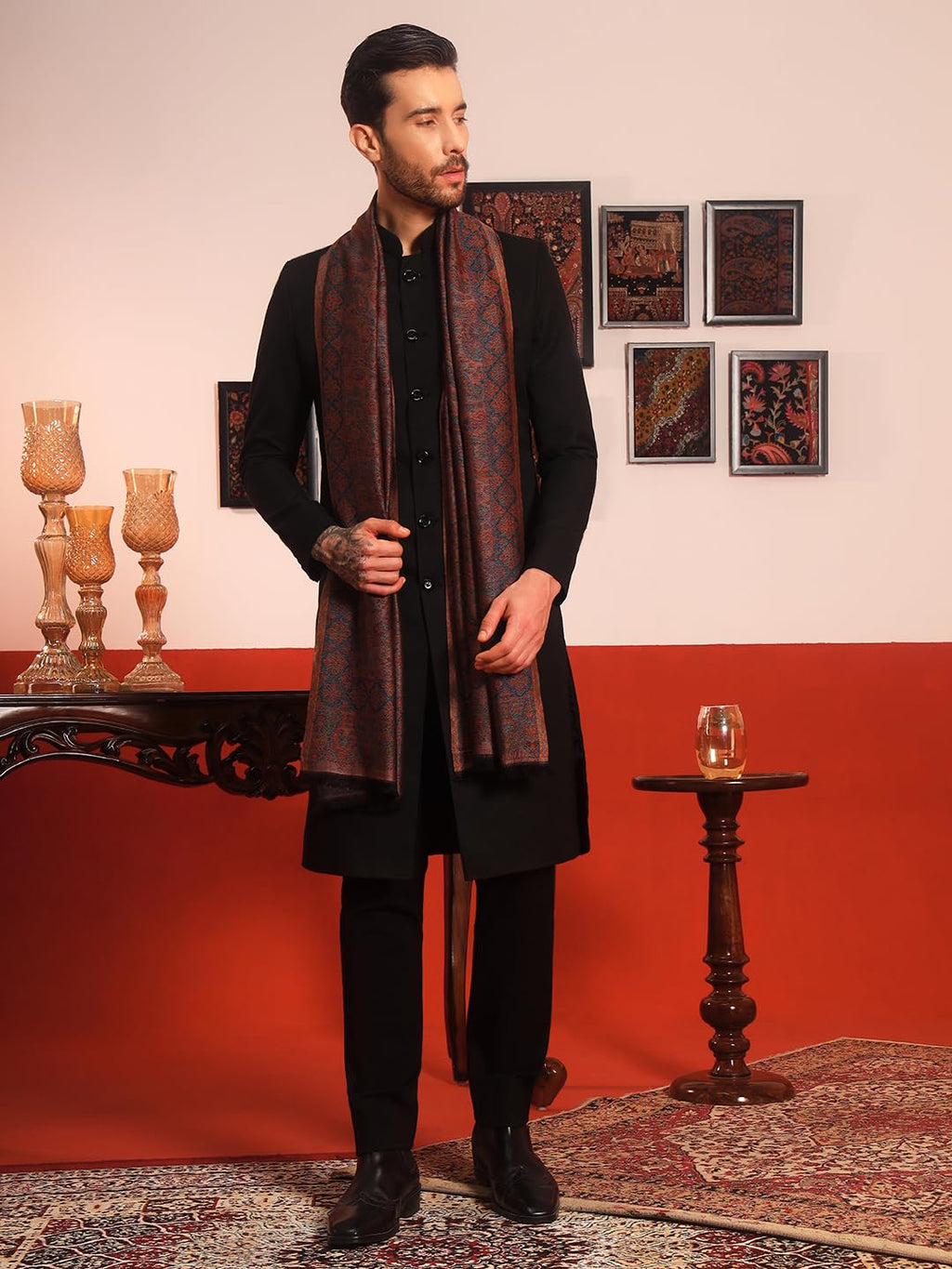 Pashmoda Men Chandni Kaani Stole, Authentic Kashmiri Luxury Pashmina Style Shawl, Stole, Small Size Gents Lohi, (Size 28x80 Inches,Black Color) MAVST07