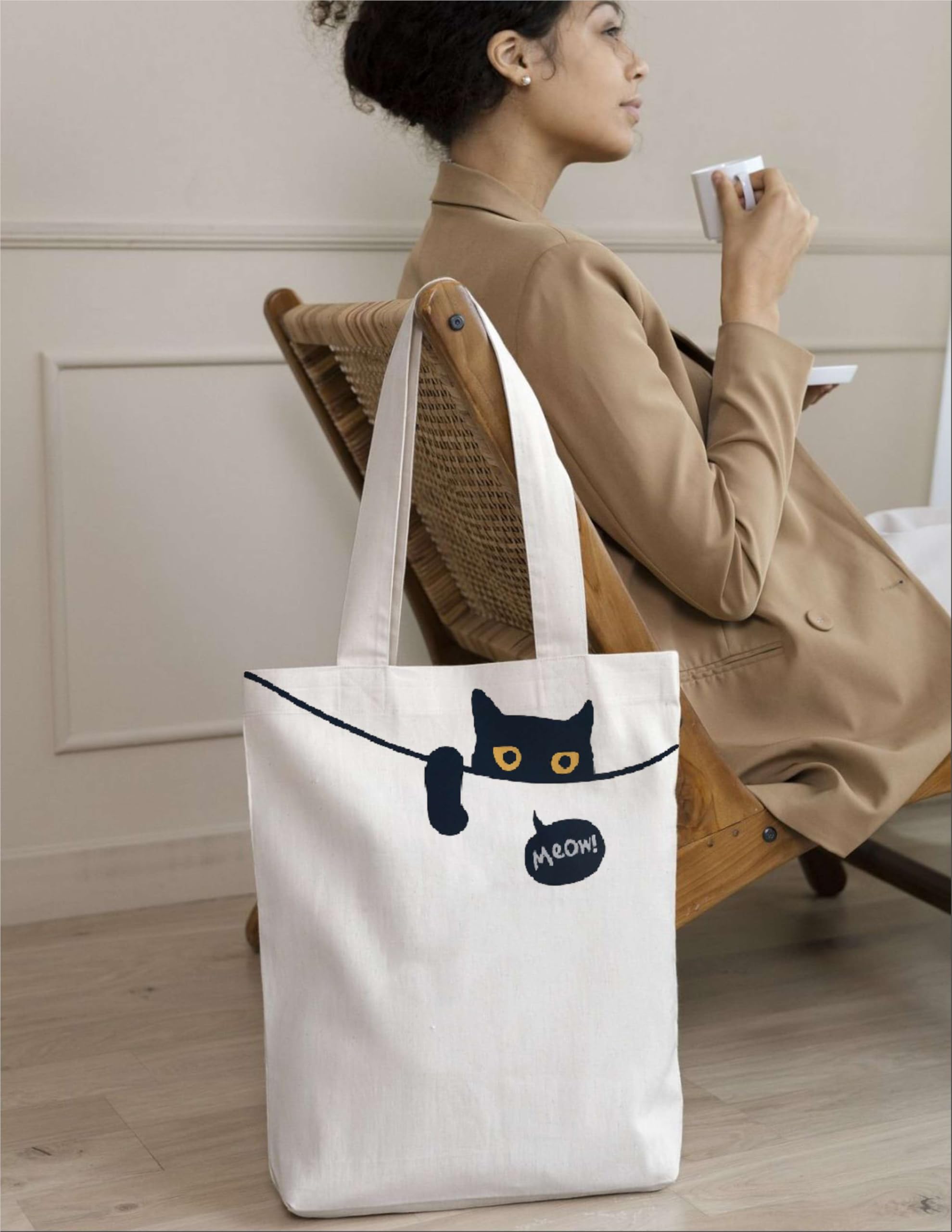 PB Pearlbags Canvas Tote Bag With Zip For Women, Duplex Printed Tote Bags for Women For Travelling, Shopping and College, Eco-friendly Stylish Modern Canvas Tote bags Meow-Offwhite